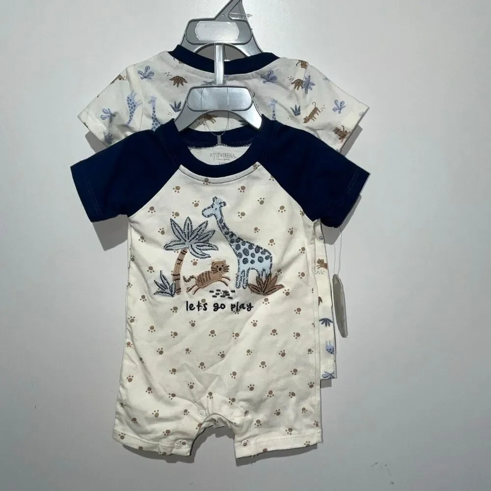 Lot of 2 Kyle & Deena Baby Blue White Cartoon Giraffe Romper Size 3-6 Months NWT